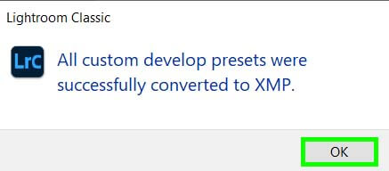 All custom develop presets were successfully converted to XMP